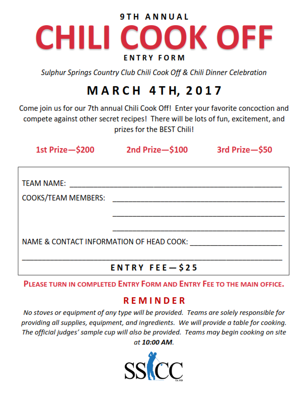 Entry Form For Sulphur Springs Country Club Chili Cook Off On March 4th 