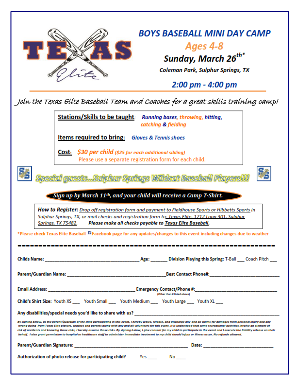 Texas Elite Boys Baseball Mini-Day Camp on Sunday March 26th