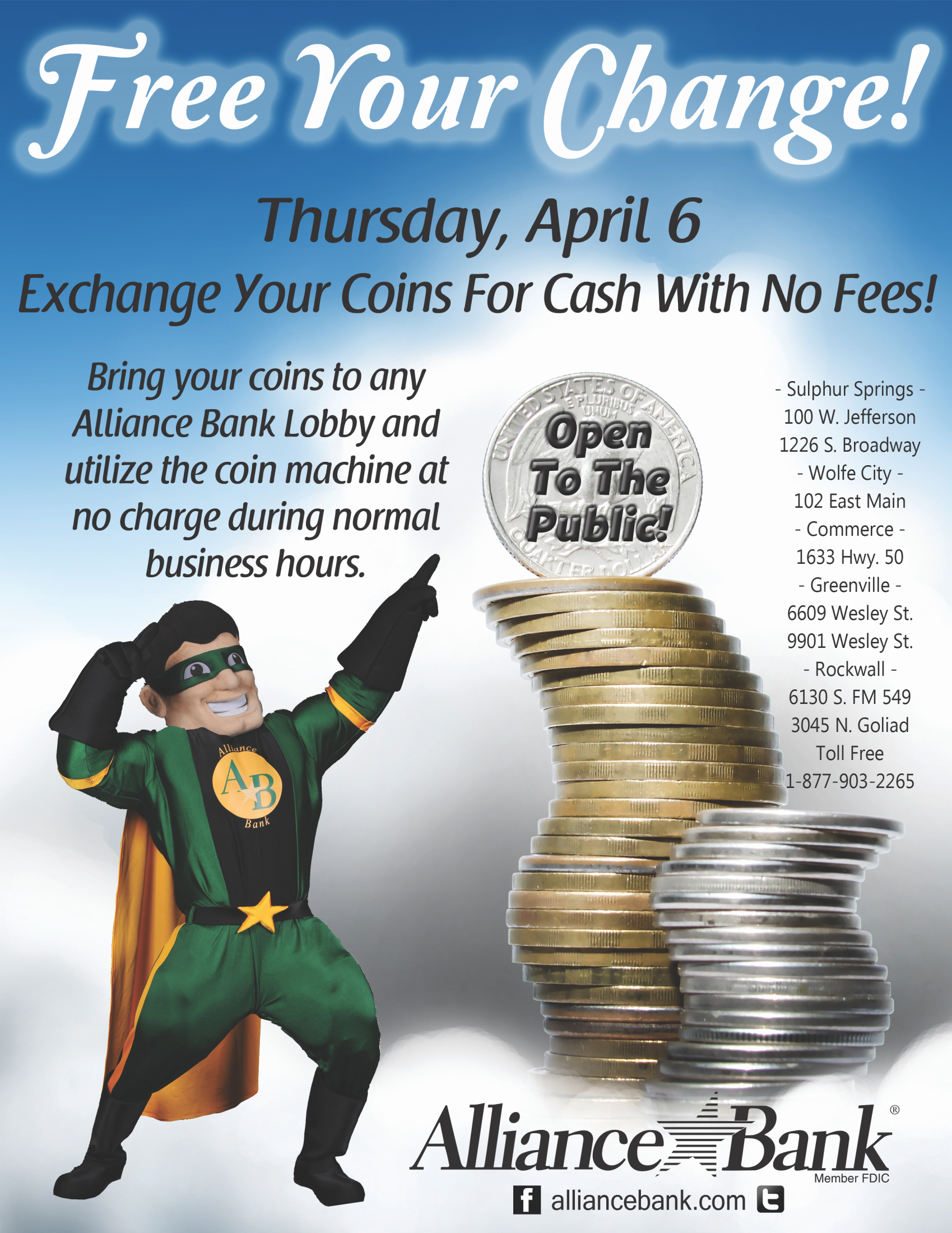 Alliance Bank Hosting Free Coin Machine Day on April 6th