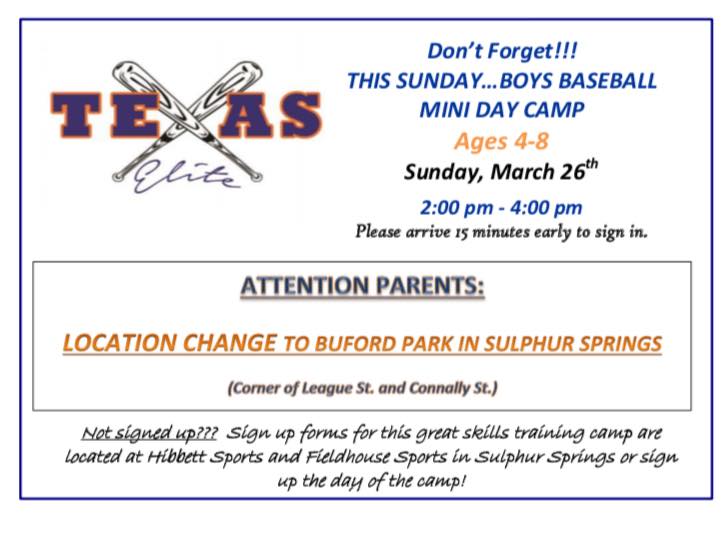 Location Changed for Texas Elite Boys Baseball Mini-Day Camp