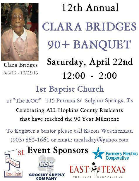 12th Annual Clara Bridges 90+ Banquet Reminder