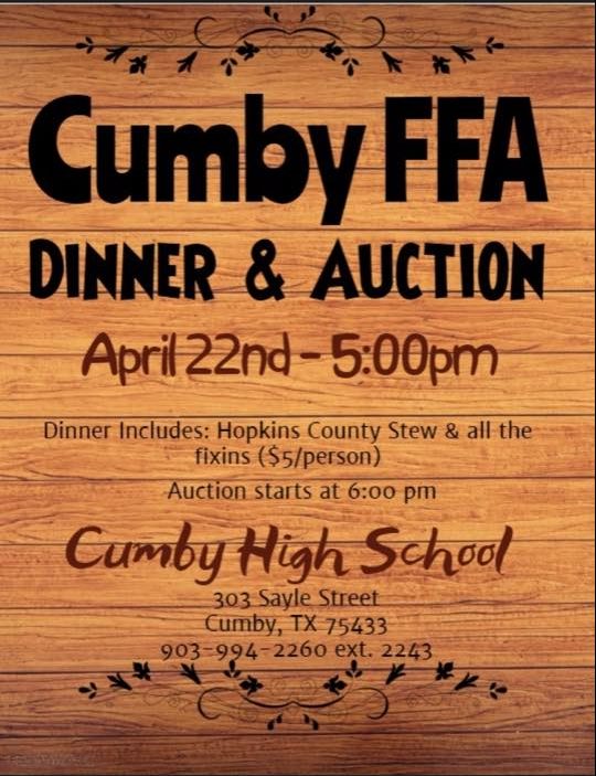 Cumby FFA Dinner and Auction Coming Up April 22nd at 5pm