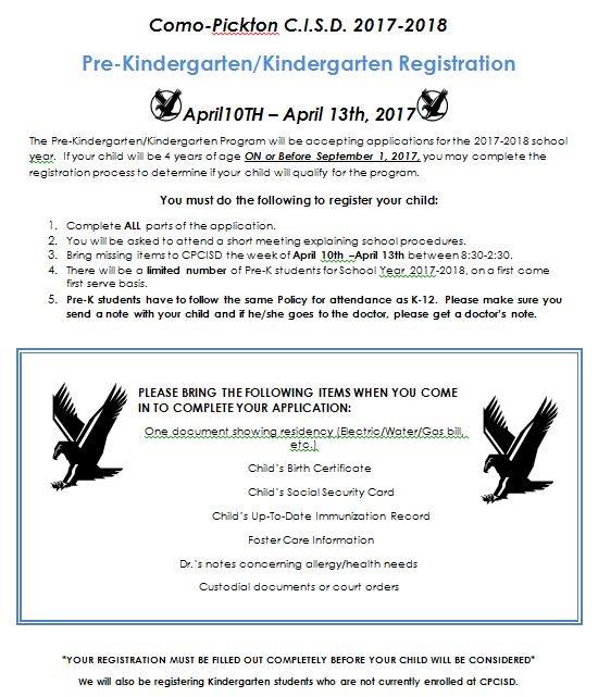 2017-2018 Como-Pickton CPCISD Pre-Kindergarten & Kindergarten Round-Up April 10th-13th