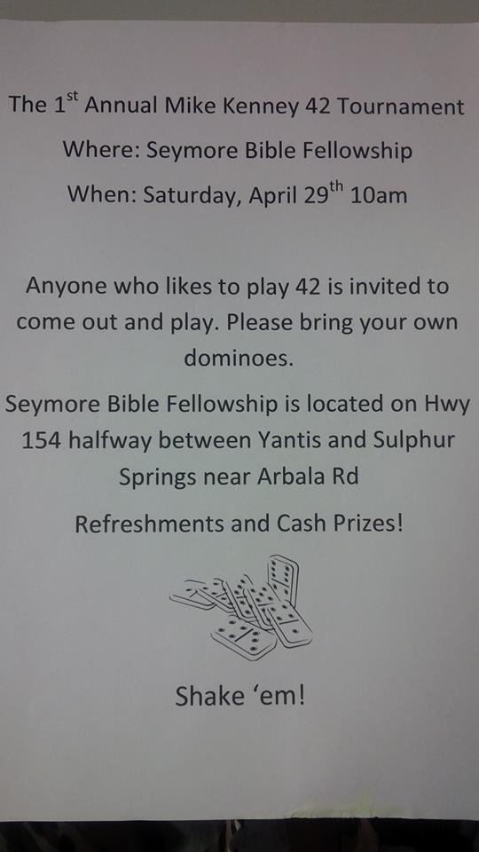 1st Annual Mike Kenney 42 Tournament This Saturday at Seymore Bible Fellowship