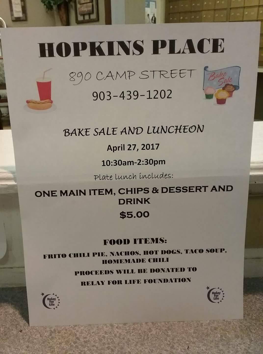 Hopkins Place Bake Sale and Luncheon to Benefit Relay for Life on April 27th