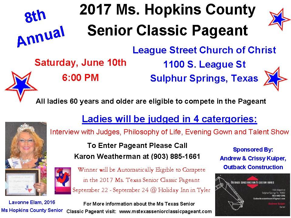 Contestants Still Needed for Ms Hopkins County Senior Classic Pageant