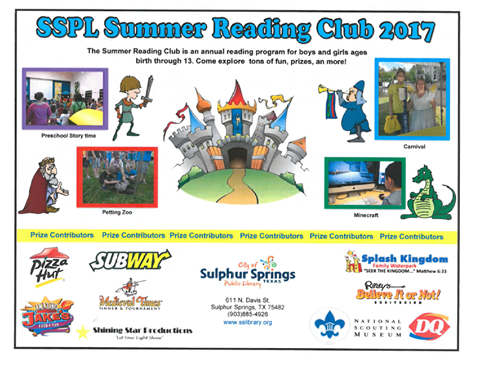 Sulphur Springs Library Summer Reading Club Information. Tons of Fun, Prizes, and More!