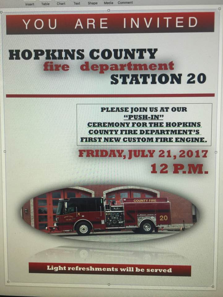 Hopkins County Fire Department Station 20 Hosting ‘Push-In’ for New Custom Fire Engine on Friday July 21st