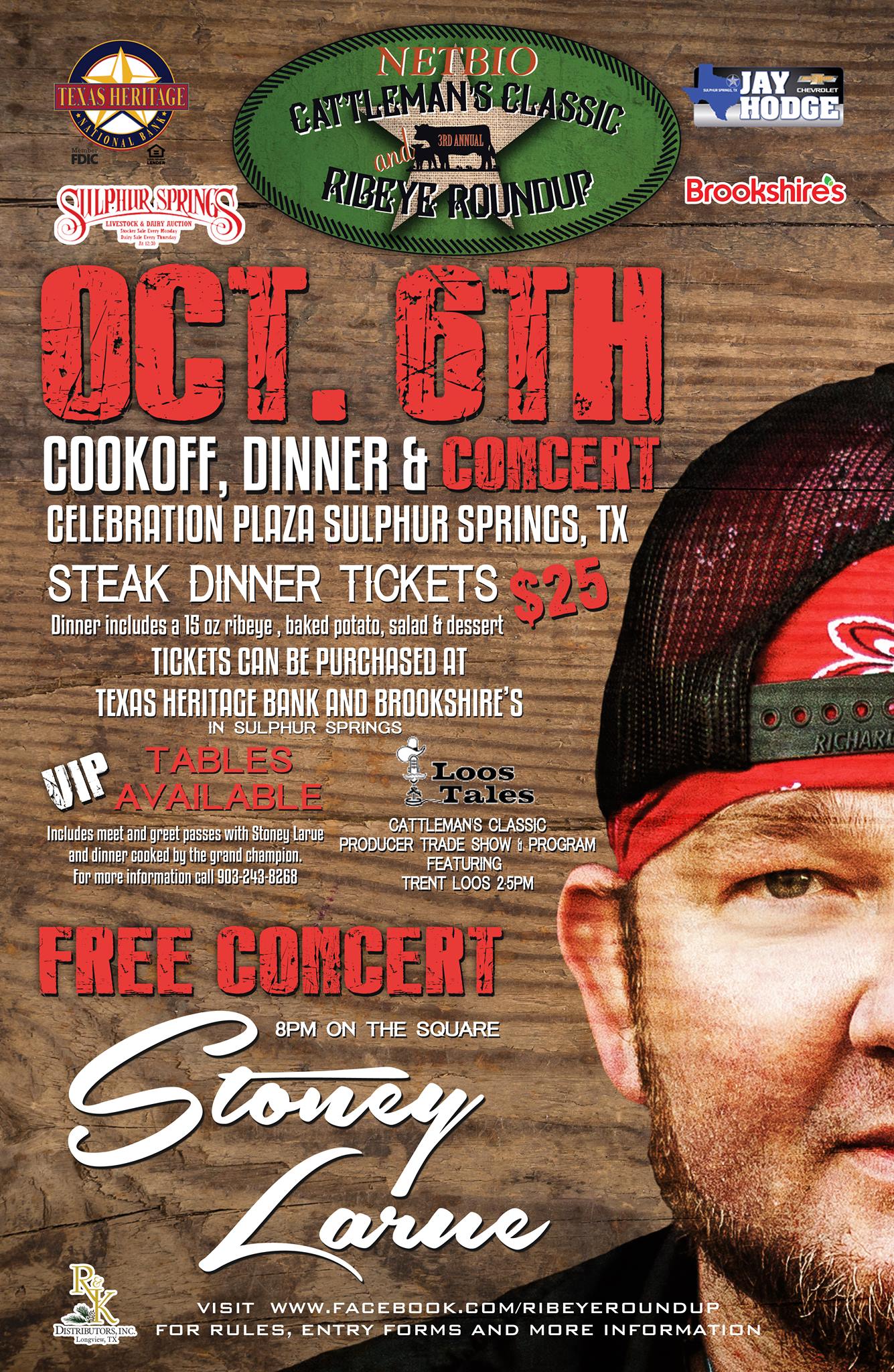 Stoney Larue Playing Concert at Downtown Sulphur Springs in October for NETBIO Cattleman’s Classic and Ribeye Roundup