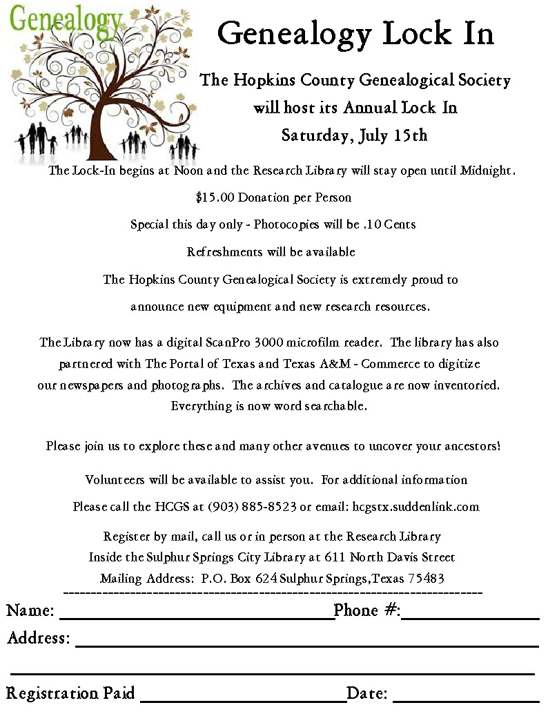 The Hopkins County Genealogical Society Holding Lock-In on Saturday, July 15th