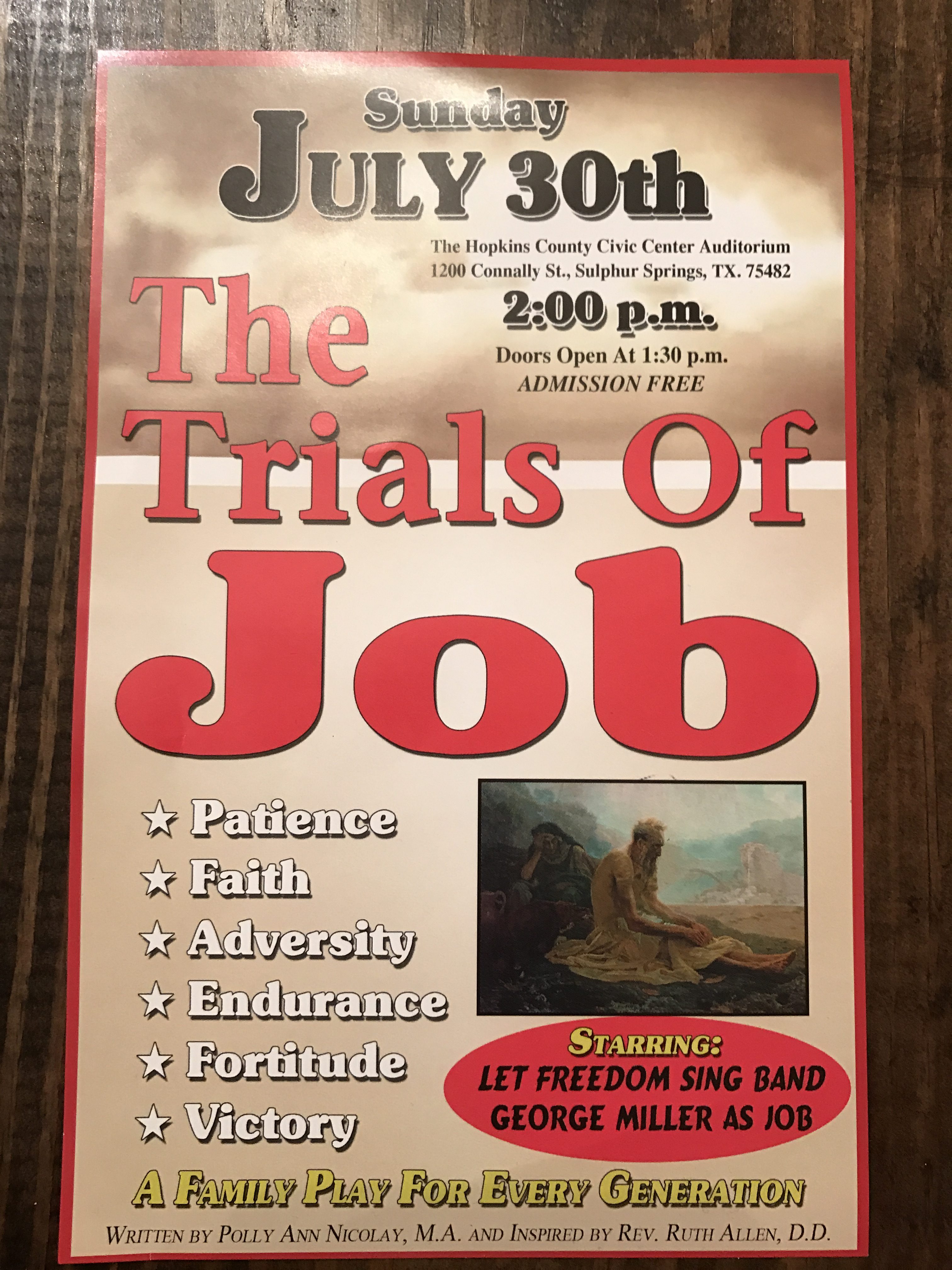 The Trials of Job Play Being Performed At Civic Center on Sunday