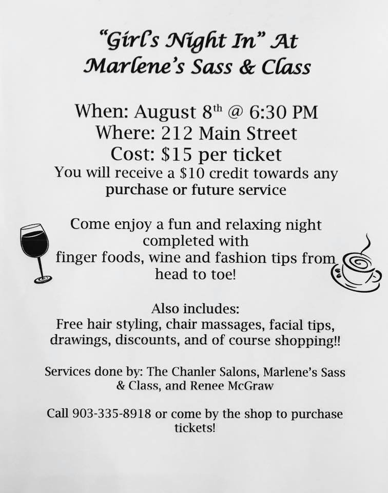 “Girl’s Night In” at Marlene’s Sass and Class on August 8th