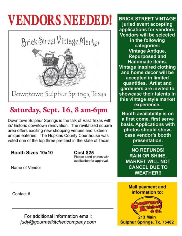 Vendors Needed for Brick Street Market in Downtown Sulphur Springs on September 16th