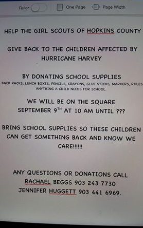 Girl Scouts of Hopkins County Accepting School Supplies Donations for Hurricane Harvey Victims Saturday on the Square