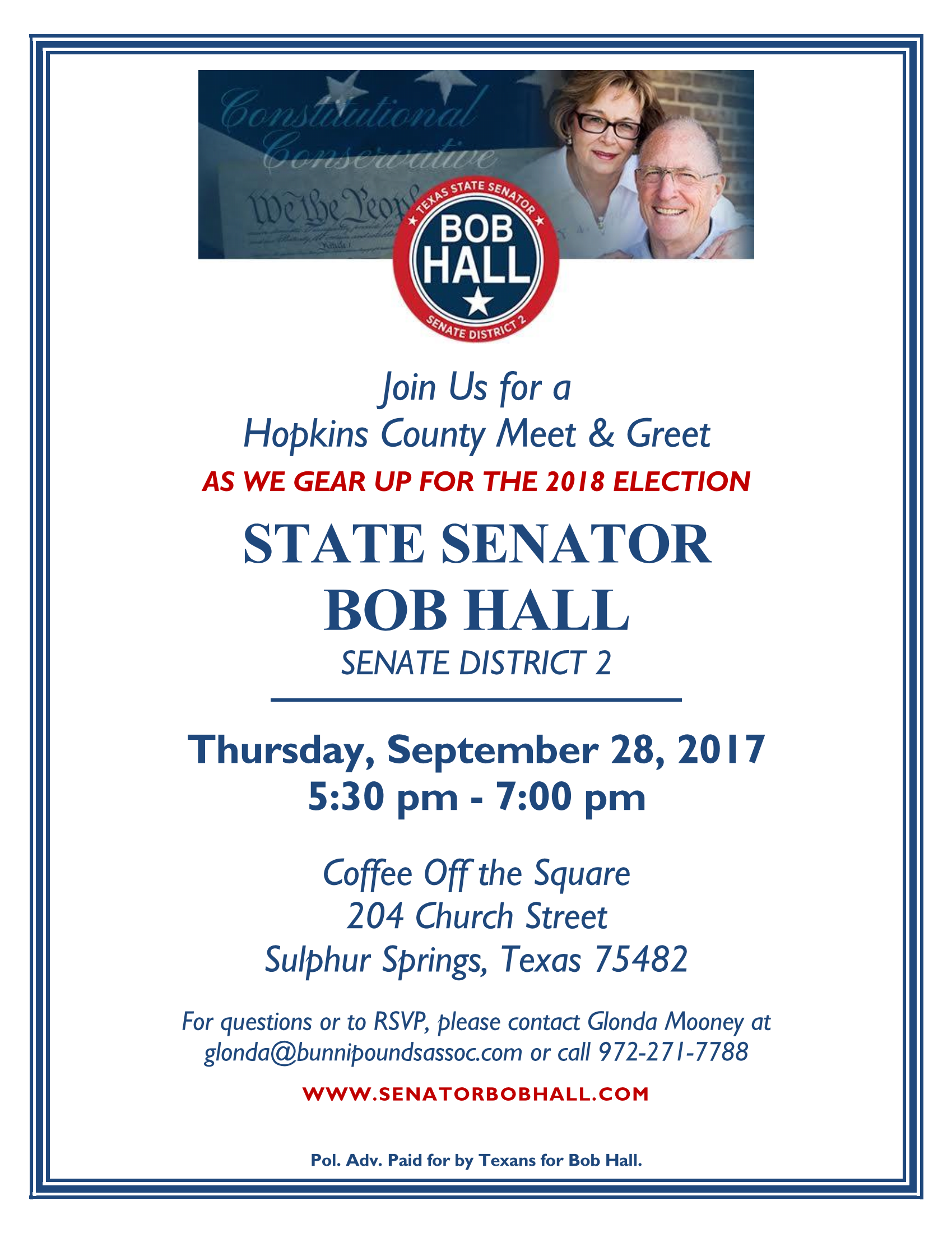 State Senator Bob Hall Hosting Meet and Greet at Coffee Off the Square on September 28th