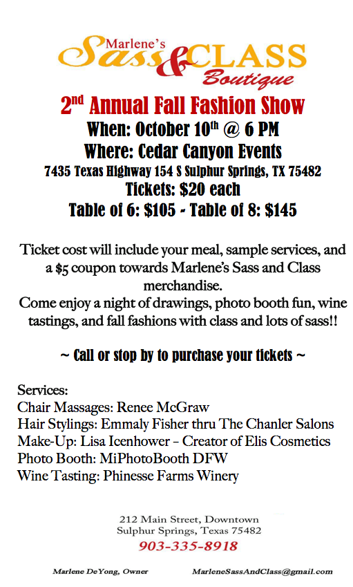 Small Number of Tickets Still Available for Marlene’s Sass & Class 2nd Annual Fall Fashion Show