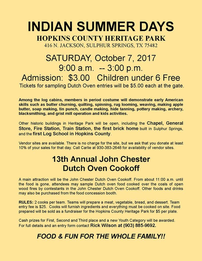 Indian Summer Days and 13th Annual John Chester Dutch Oven Cookoff This Saturday at Heritage Park