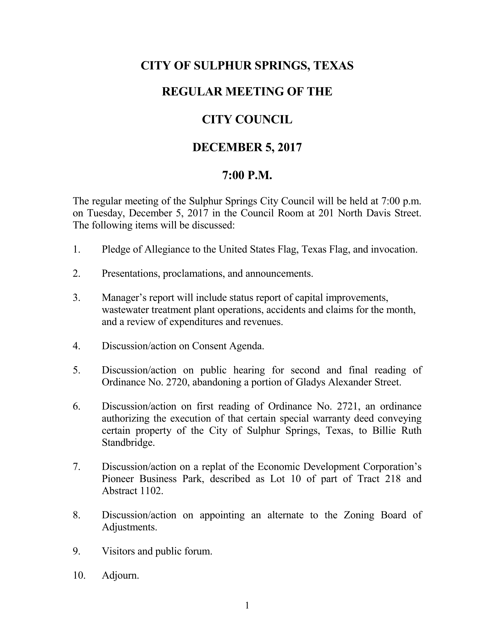December 5th Sulphur Springs City Council Meeting Agenda