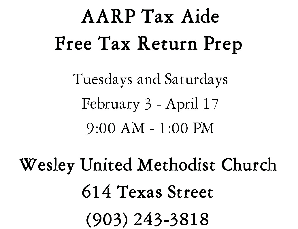 AARP Tax Aide Free Tax Return Prep Being Offered at Wesley United Methodist Church