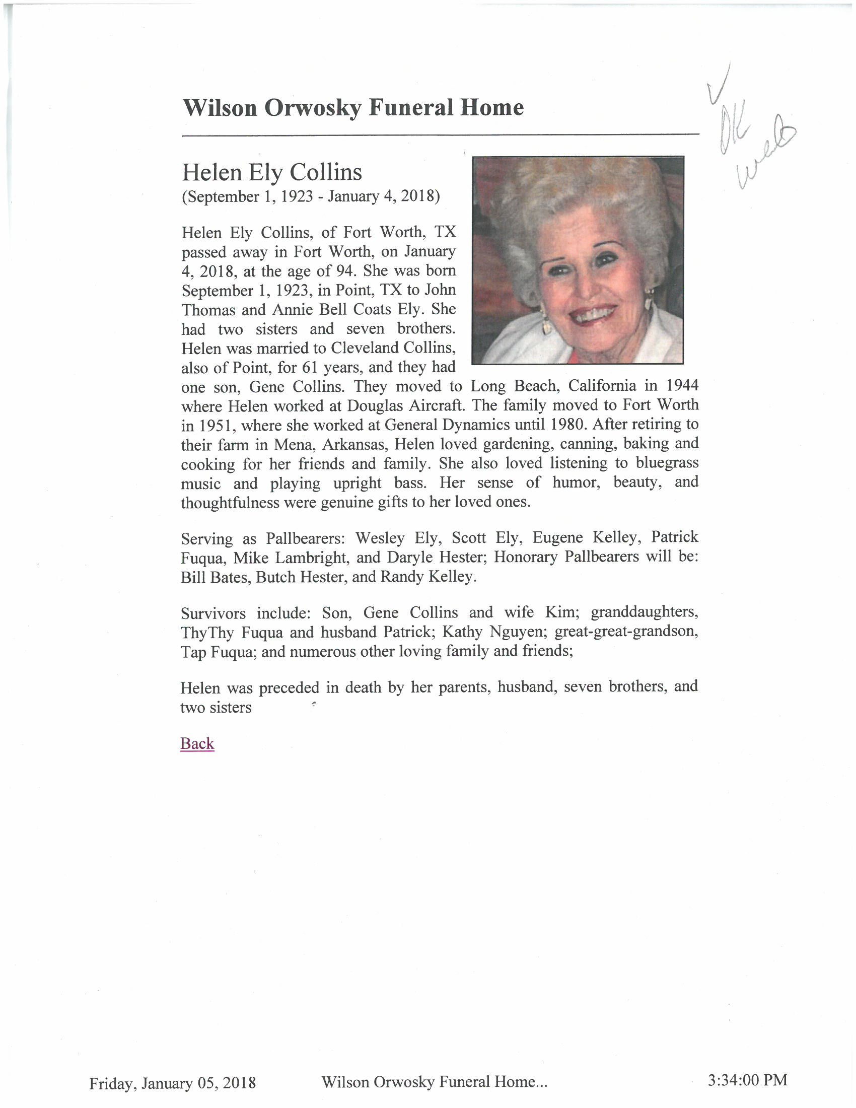 Helen Ely Collins Obituary