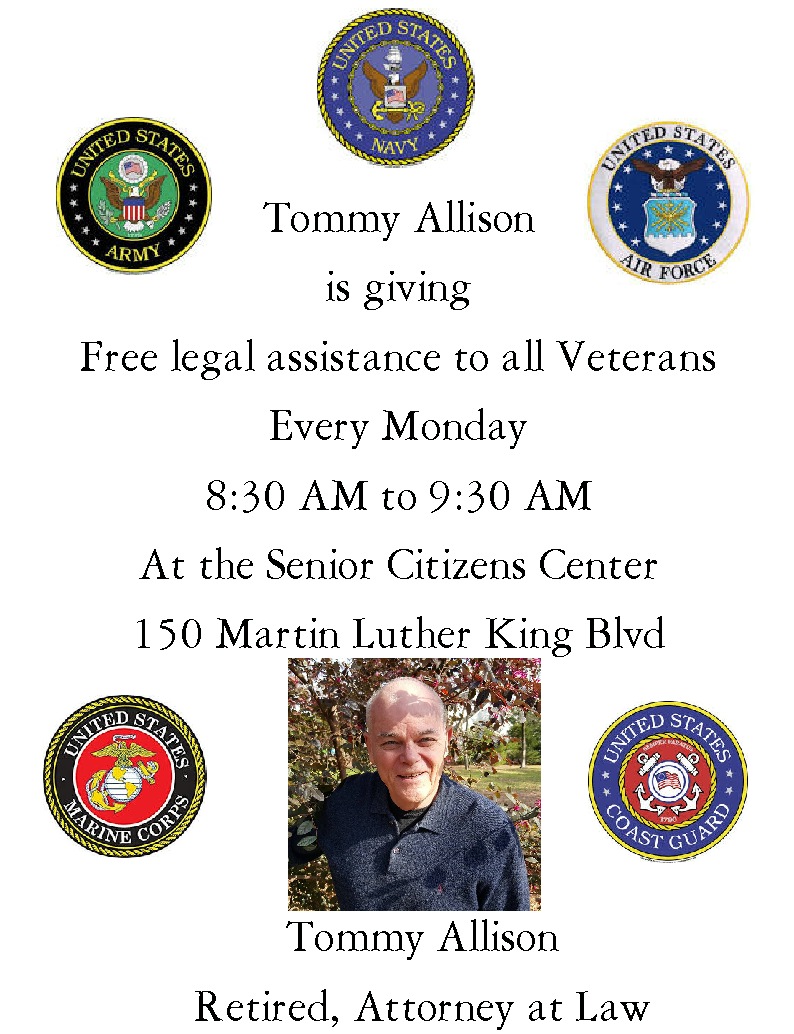 Tommy Allison Providing Legal Assistance to Veterans on Mondays at Senior Citizens Centers