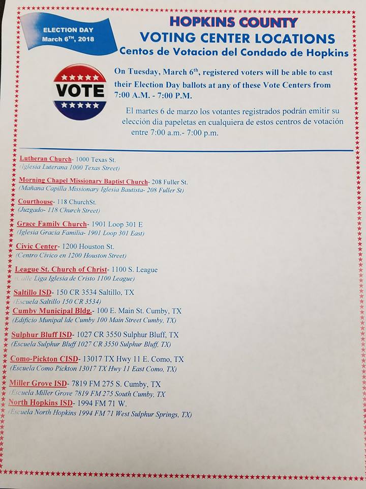 List of Hopkins County Voting Center Locations for Tuesday, March 6th Primary Election