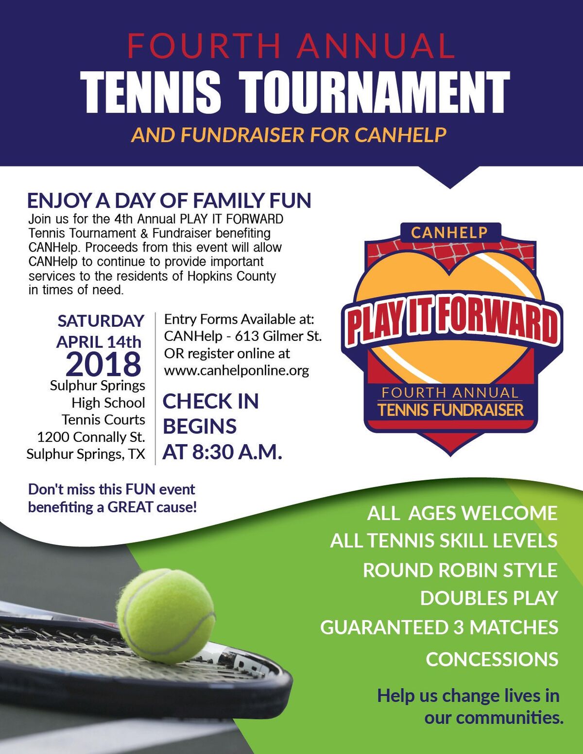 CANHelp’s 4th Annual PLAY IT FORWARD Tennis Tournament and Fundraiser on Saturday, April 14th