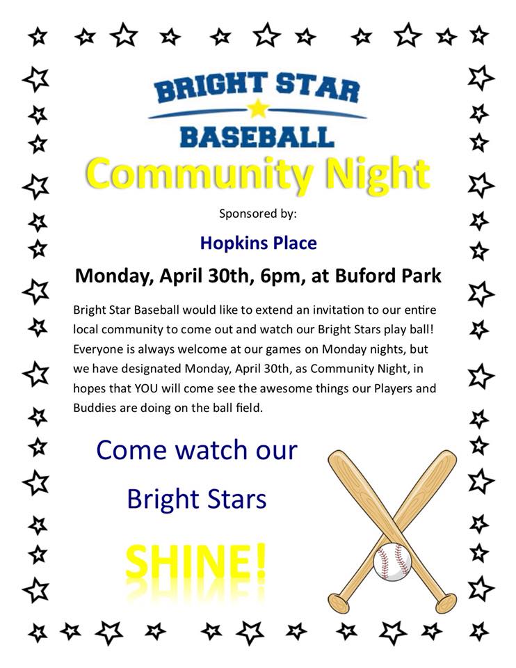 Bright Star Baseball Invites Public to Attend Community Night on April 30th