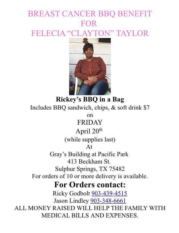 Breast Cancer BBQ Benefit for Felecia “Clayton” Taylor Being Held Friday April 20th
