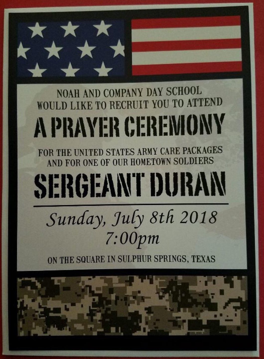 Prayer Ceremony for Army Care Packages and Sergeant Duran Being Held on The Square Sunday Night
