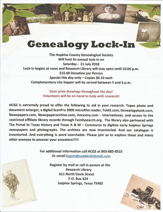Hopkins County Genealogical Society Hosting Annual Lock-In on Saturday July 21st