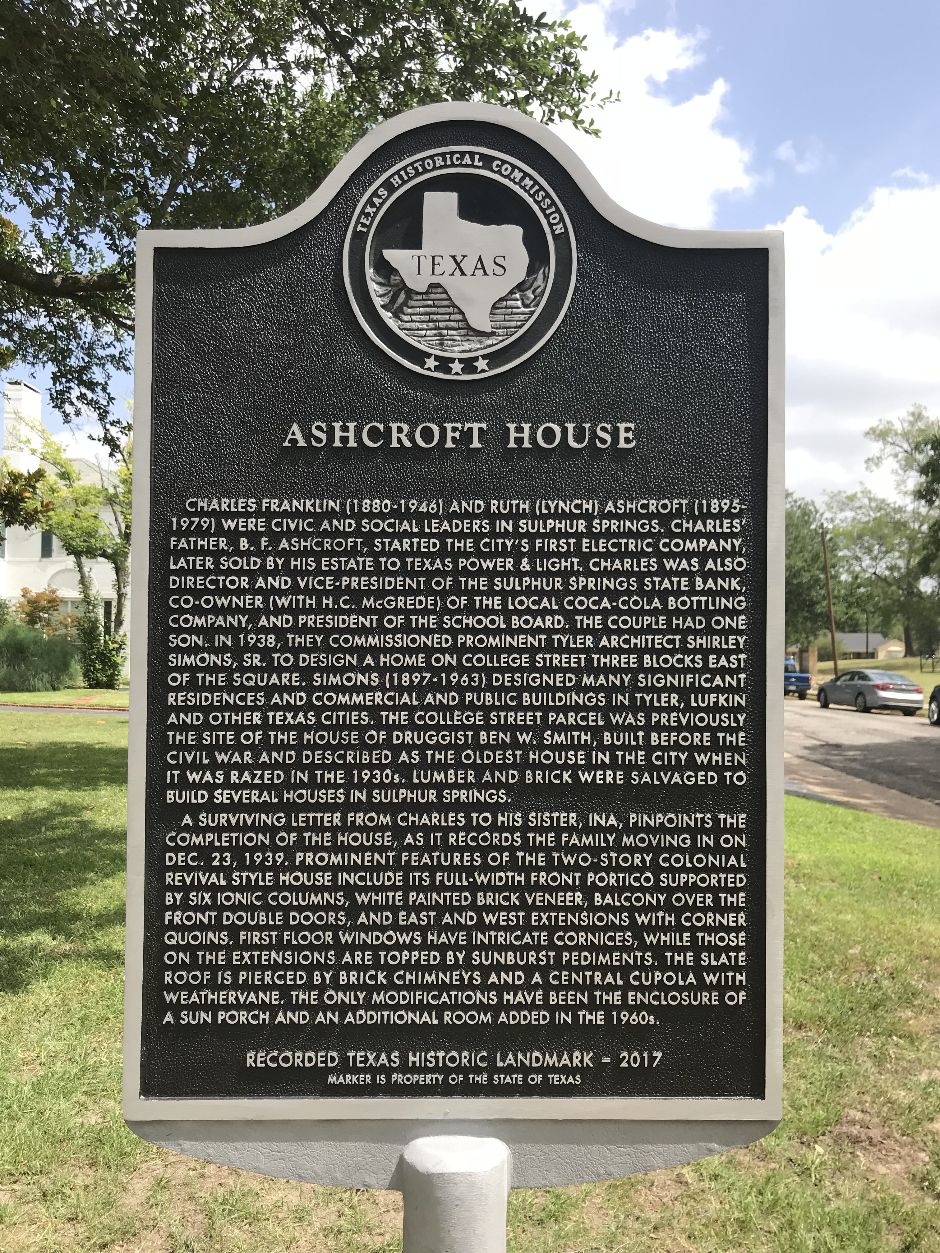 Historic Ashcroft House in Sulphur Springs Designated Recorded Texas Historical Landmark.