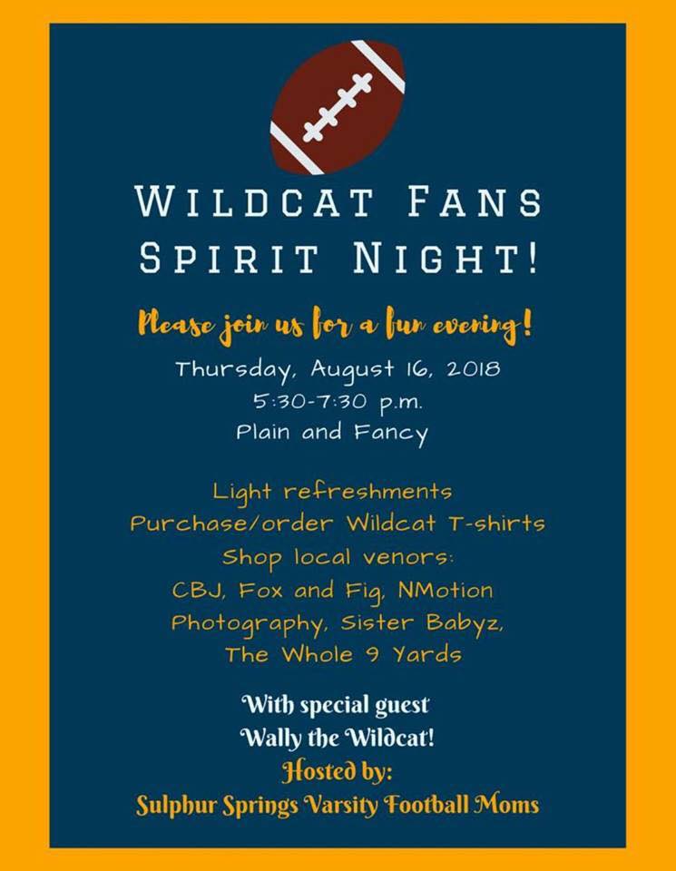 Sulphur Springs Varsity Football Moms Hosting Wildcat Fans Spirit Night at Plain & Fancy Thursday Night