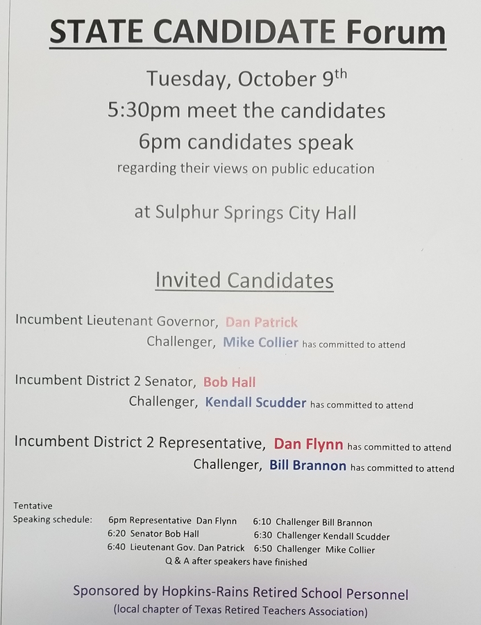 Hopkins-Rains Retired School Personnel Hosting Candidate Forum at Sulphur Springs City Hall on October 9th