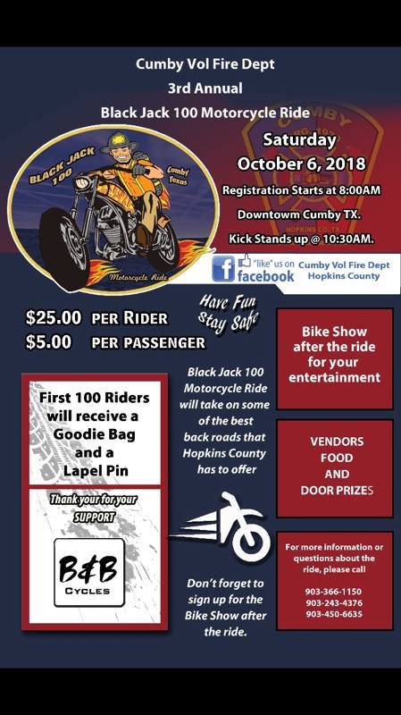 Cumby Volunteer Fire Department Hosting 3rd Annual Black Jack 100 Motorcycle Ride on Saturday, October 6th
