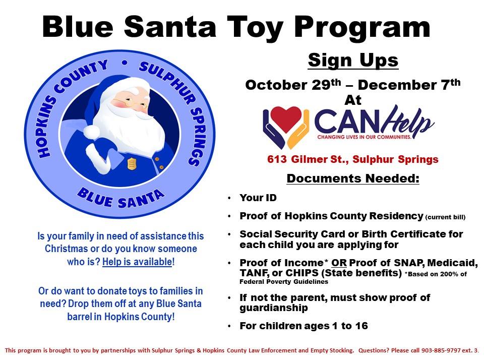 Sign-Ups for Blue Santa Open at CANHelp from Now Until December 7th