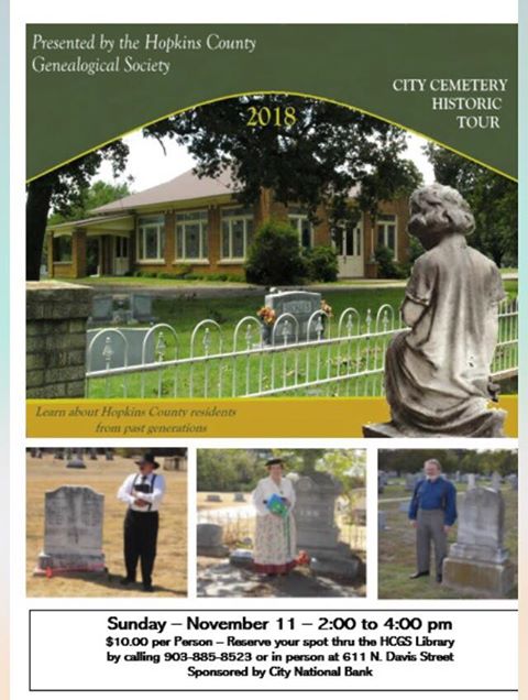 Hopkins County Genealogical Society Hosting a City Cemetery Historic Tour on November 11th