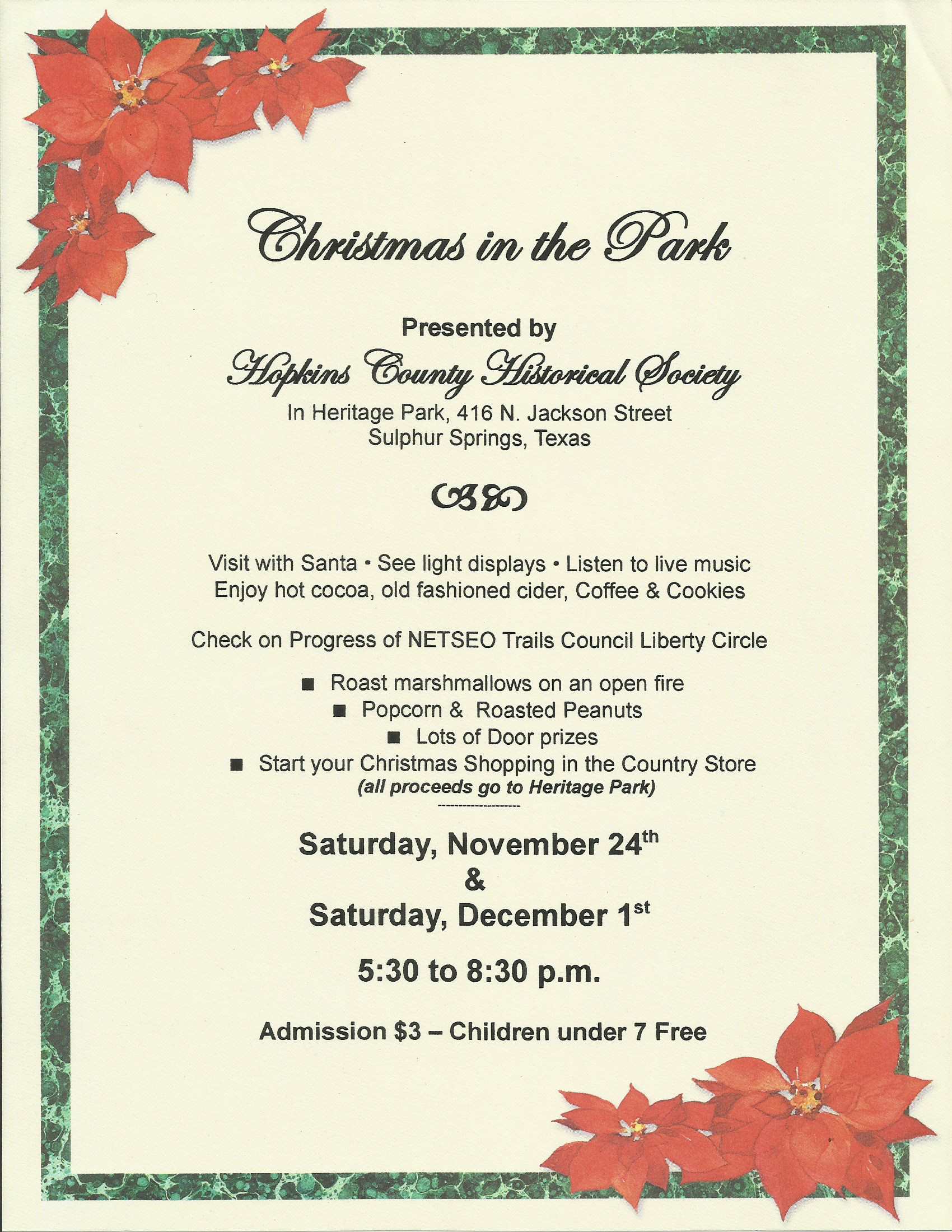 Christmas in the Park at Heritage Park Coming Up on Saturday, November 24th, and Saturday, December 1st