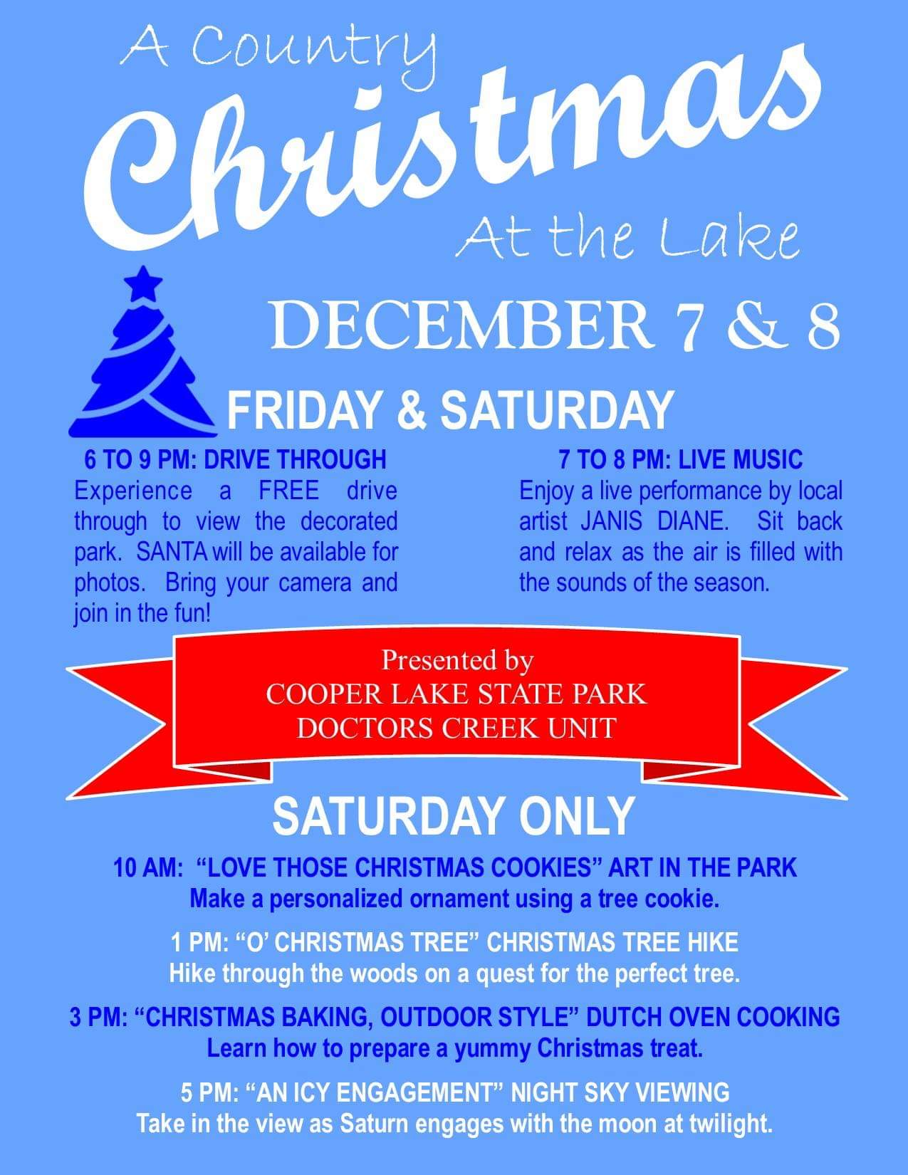 A Country Christmas at the Lake at Cooper Lake State Park Coming Up December 7th and 8th