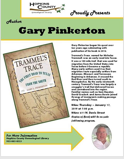 Hopkins County Genealogical Society Hosting Program with Author Gary Pinkerton on Thursday, January 17th