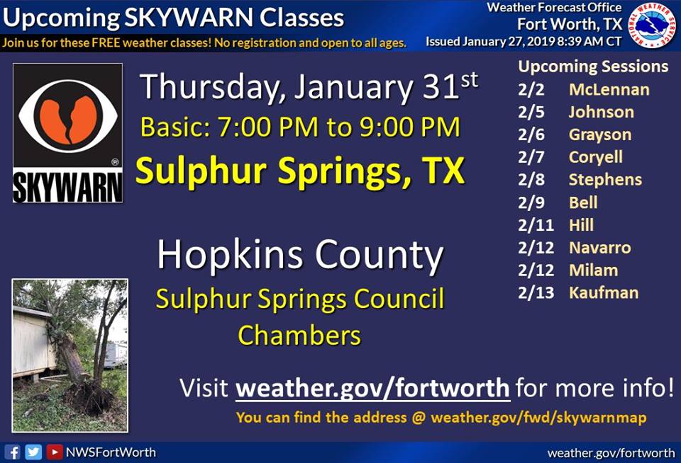 National Weather Service Hosting Free SKYWARN Weather Class in Sulphur Springs on Thursday, January 31st