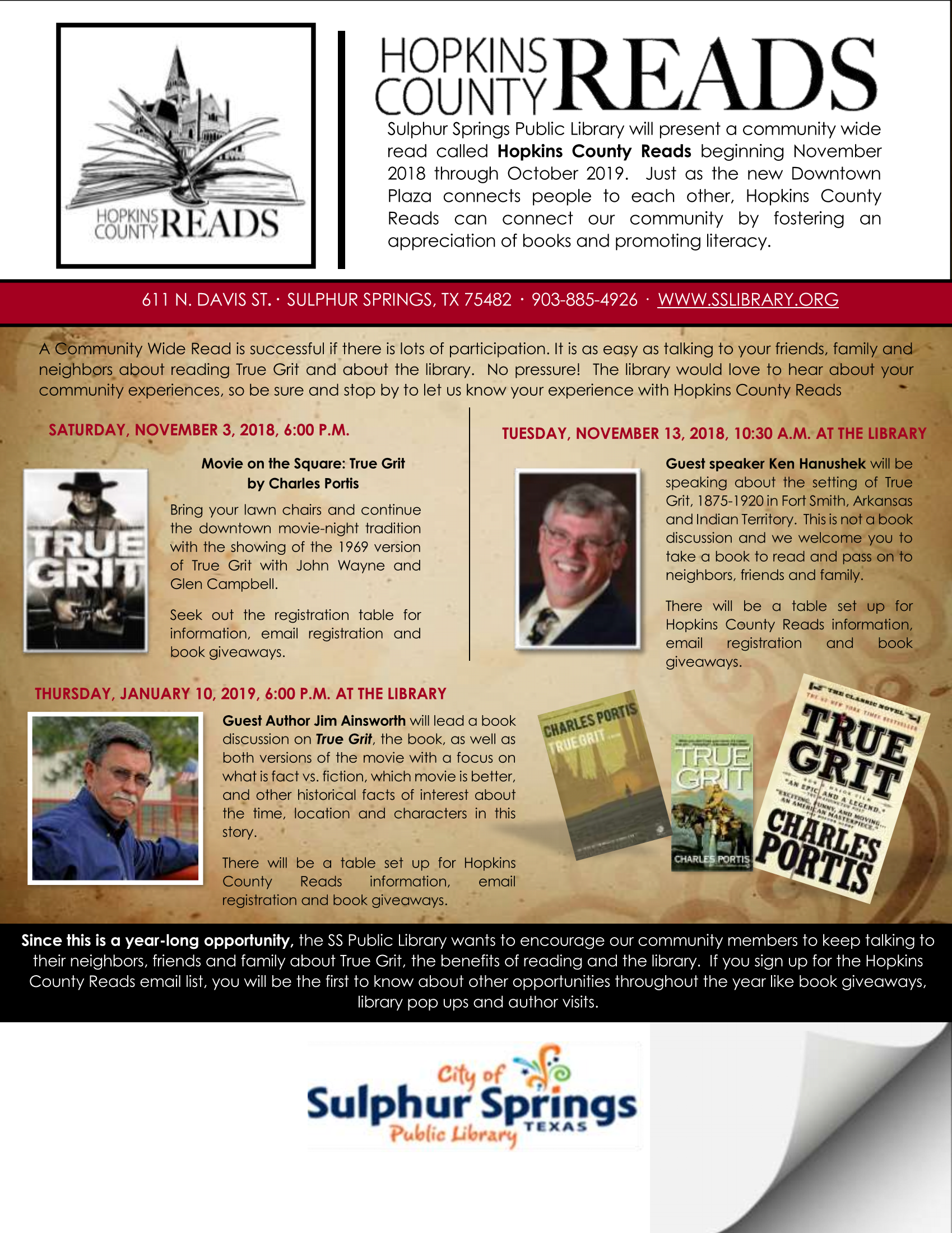 Sulphur Springs Public Library Hosting “True Grit” Book Discussion with Author Jim Ainsworth Next Thursday