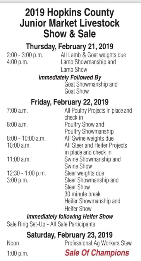 Schedule for 2019 Hopkins County Junior Market Livestock Show & Sale