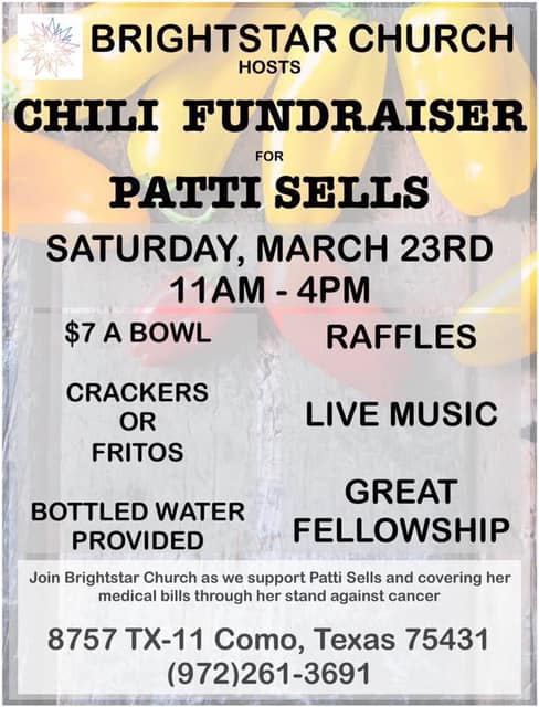 Brightstar Church Hosting a Chili Fundraiser for Patti Sells on Saturday, March 23rd