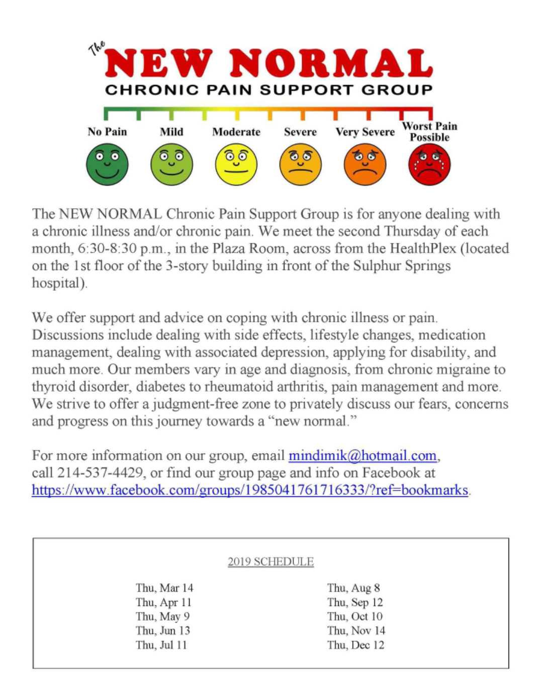 Chronic Pain Support Group Hosting Monthly Meeting at Hospital Plaza