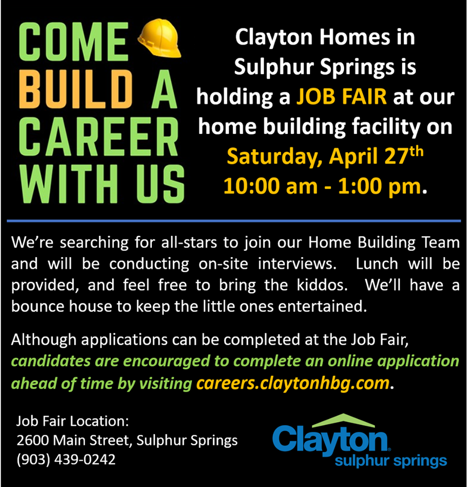 Clayton Homes in Sulphur Springs Holding Job Fair on April 27th