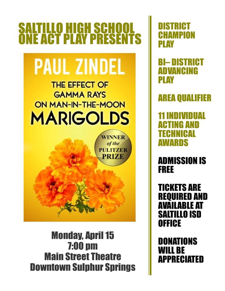 Saltillo High School One Act Play Performing The Effect of Gamma Rays on Man-in-the-Moon Marigolds on April 15th at Main Street Theatre