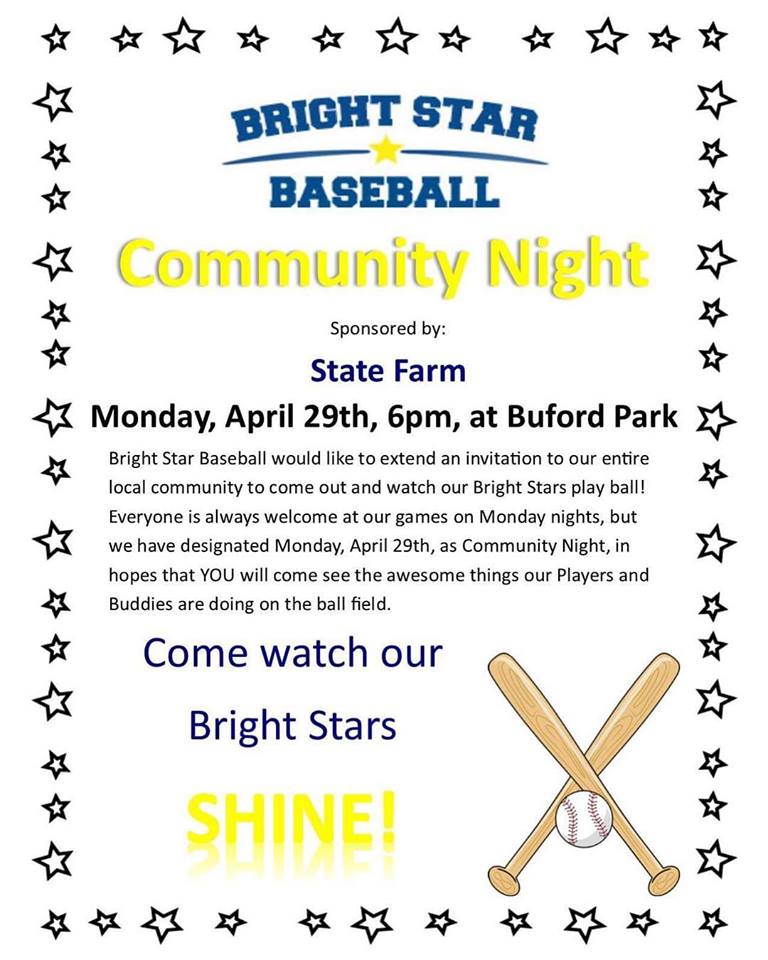 Bright Star Baseball Hosting Community Night on Monday, April 29th