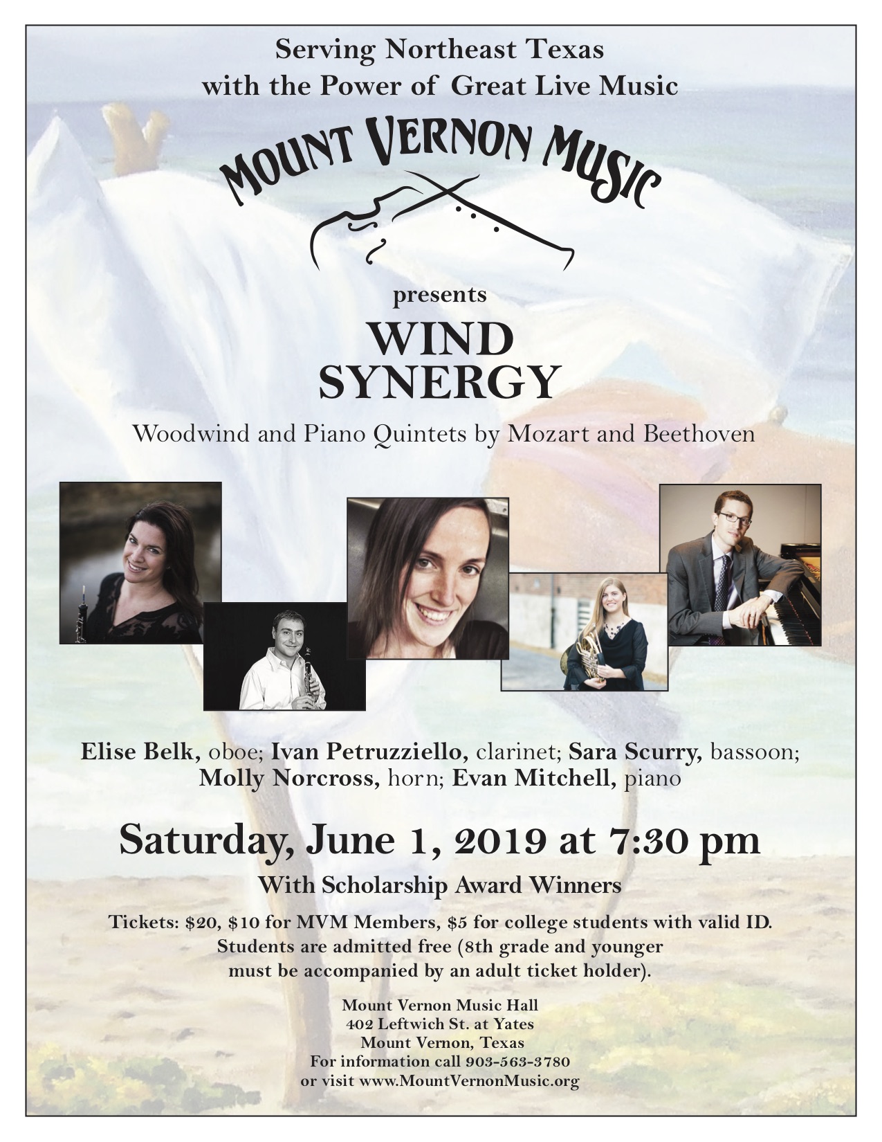 Mount Vernon Music Presents Wind Synergy,”a concert of music for wind instruments and piano” on Saturday, June 1, 2019