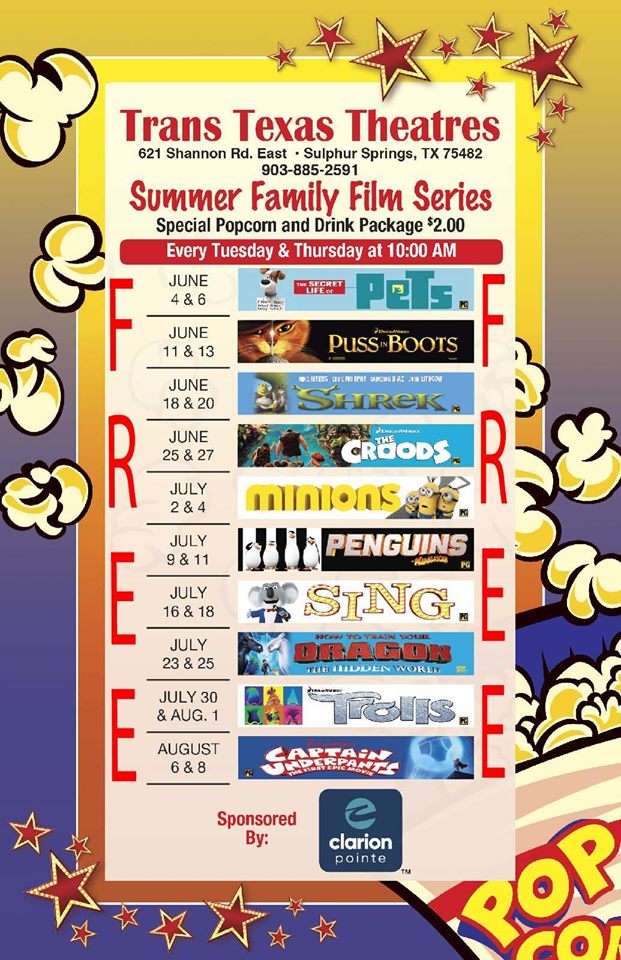 Trans Texas Theatres Offering Free Admission for Summer Family Film Series on Tuesdays and Thursdays This Summer.